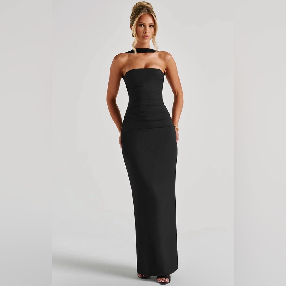 Strapless Black Maxi Dress with Choker Neckline